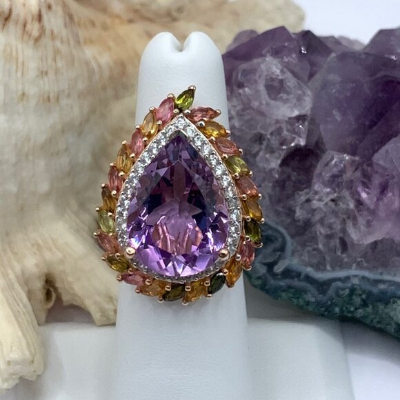 Amethyst Zircon Tourmaline 18K Rose Gold 925 D' Joy Halo RingSz 5 J877